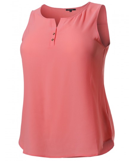 Women's Solid Henley Neck Chiffon Blouse Tank Top