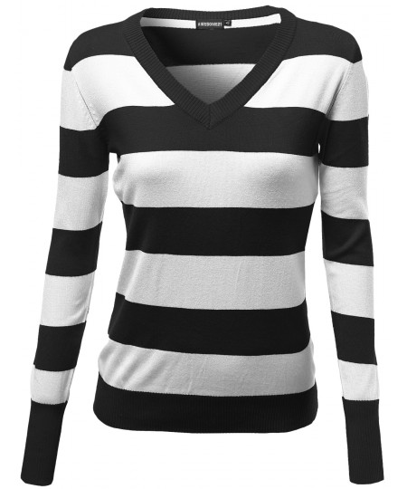 Women's Basic V Neck Stripe Pull Over Knit Sweaters