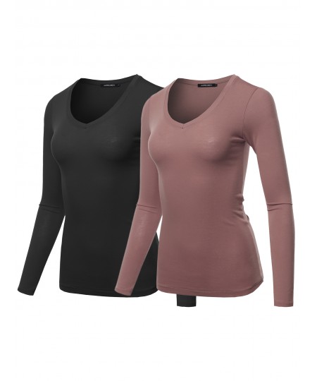 Women's Light weight Daily Casual Basic Long Sleeve V neck Tee Tops