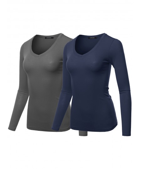 Women's Light weight Daily Casual Basic Long Sleeve V neck Tee Tops