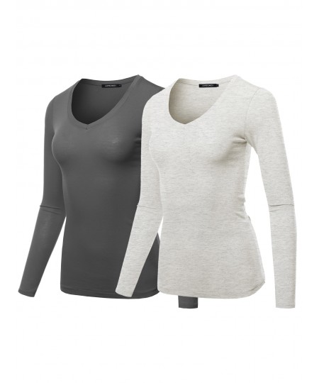 Women's Light weight Daily Casual Basic Long Sleeve V neck Tee Tops