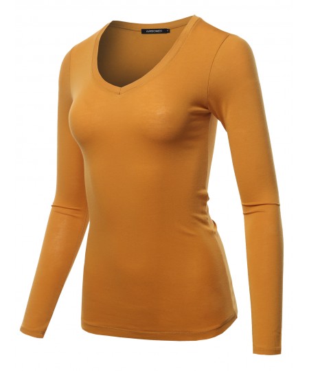 Women's Light weight Daily Casual Basic Long Sleeve V neck Tee Tops