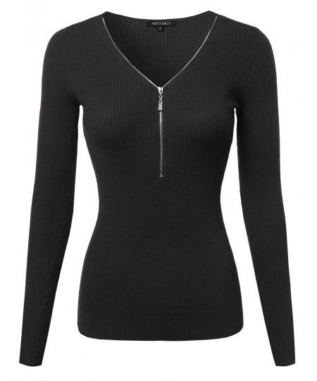 Women's Baisc Ribbed Long Sleeve Zipper Top