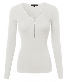 Women's Baisc Ribbed Long Sleeve Zipper Top