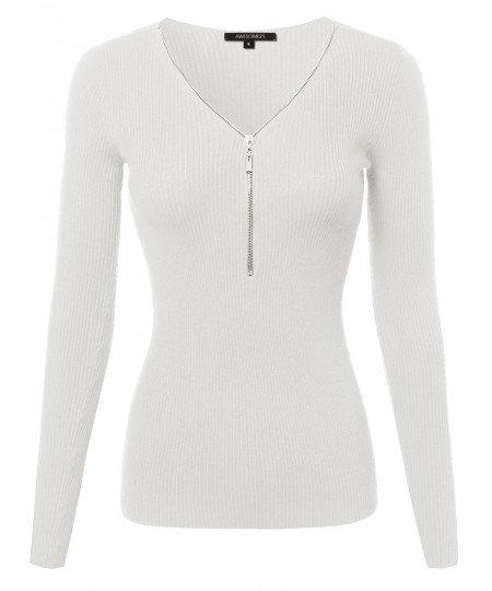 Women's Baisc Ribbed Long Sleeve Zipper Top