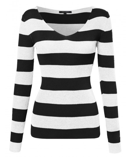 Women's Striped Long Sleeve V Neck Ribbed Knit Top
