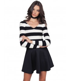 Women's Striped Long Sleeve V Neck Ribbed Knit Top