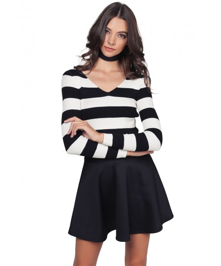 Women's Striped Long Sleeve V Neck Ribbed Knit Top