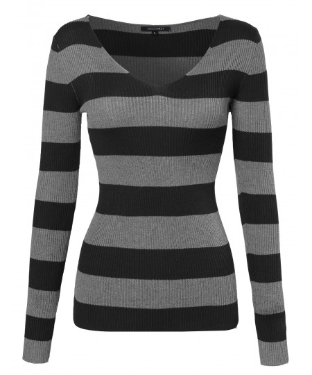 Women's Striped Long Sleeve V Neck Ribbed Knit Top