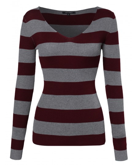 Women's Striped Long Sleeve V Neck Ribbed Knit Top