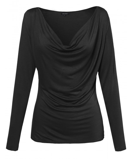 Women's Basic Draped Cowl Neck Long Sleeve Top