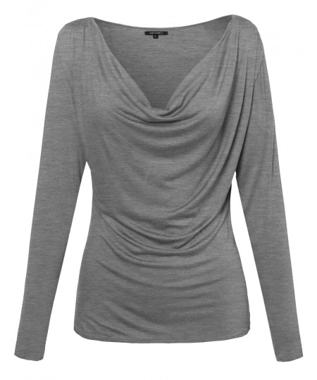 Women's Basic Draped Cowl Neck Long Sleeve Top
