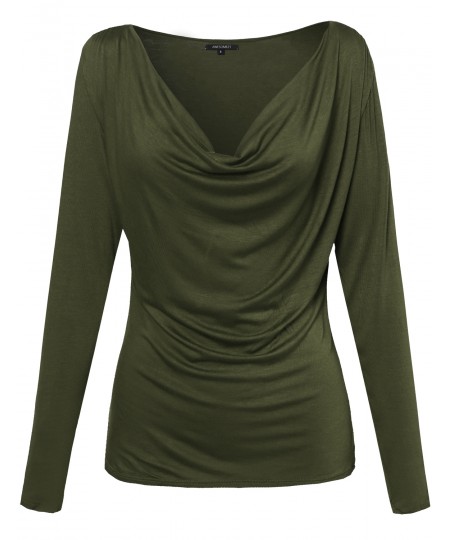 Women's Basic Draped Cowl Neck Long Sleeve Top