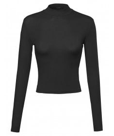 Women's Basic Solid Cotton Based Long Sleeves Mock-Neck Crop Top