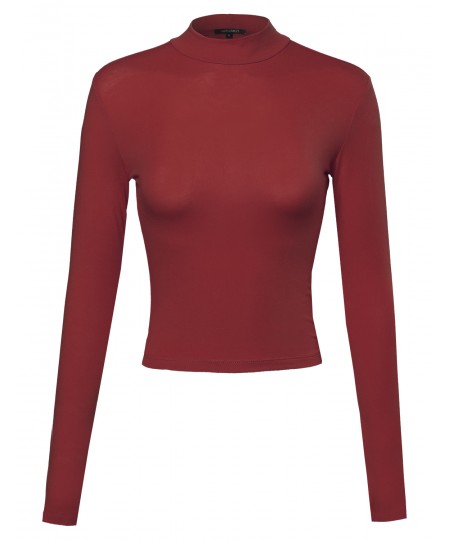 Women's Basic Solid Cotton Based Long Sleeves Mock-Neck Crop Top