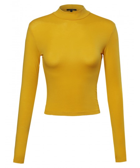 Women's Basic Solid Cotton Based Long Sleeves Mock-Neck Crop Top