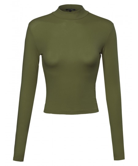 Women's Basic Solid Cotton Based Long Sleeves Mock-Neck Crop Top