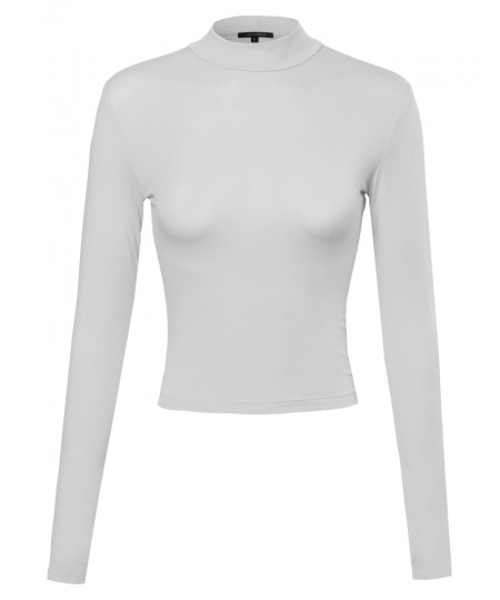 Women's Basic Solid Cotton Based Long Sleeves Mock-Neck Crop Top