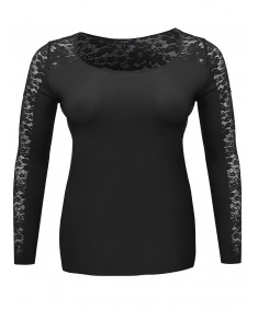 Women's Long Sleeve Round Scoop Neck Lace Top