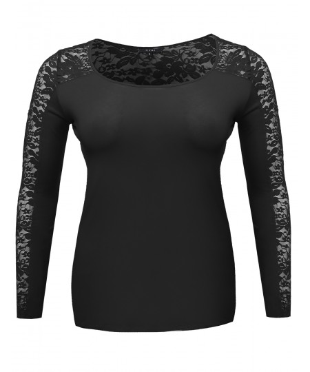 Women's Long Sleeve Round Scoop Neck Lace Top