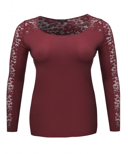 Women's Long Sleeve Round Scoop Neck Lace Top