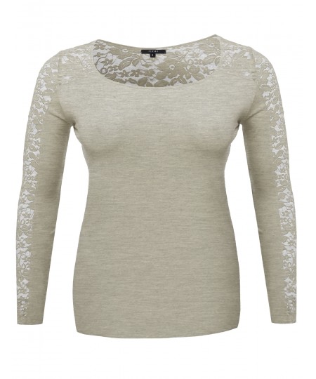 Women's Long Sleeve Round Scoop Neck Lace Top