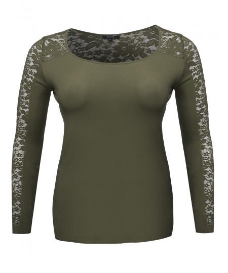 Women's Long Sleeve Round Scoop Neck Lace Top