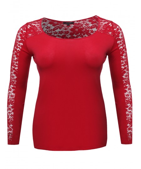 Women's Long Sleeve Round Scoop Neck Lace Top