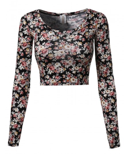 Women's Floral Prints Lightweight Long Sleeve Crop Top