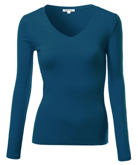 Women's Basic Solid V-Neck Long Sleeve T-Shirts