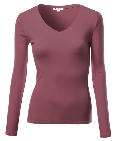 Women's Basic Solid V-Neck Long Sleeve T-Shirts