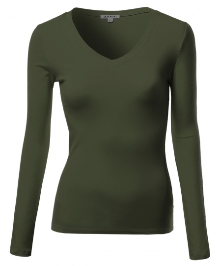 Women's Basic Solid V-Neck Long Sleeve T-Shirts