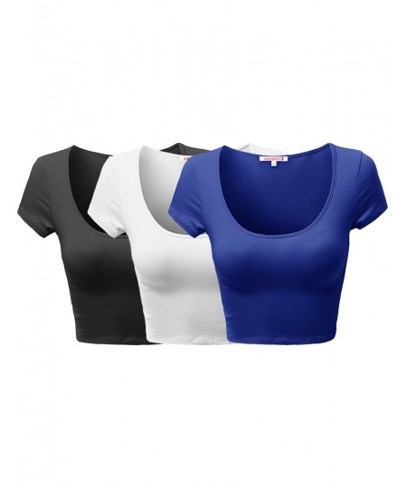 Women's Basic Solid Scoop Neck Slim Fit Cap Sleeve Crop Tops