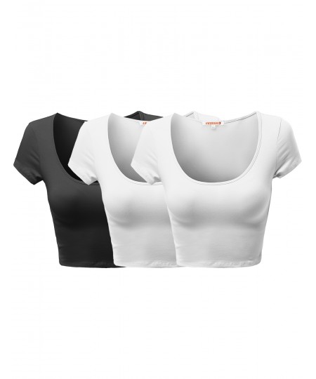 Women's Basic Solid Scoop Neck Slim Fit Cap Sleeve Crop Tops