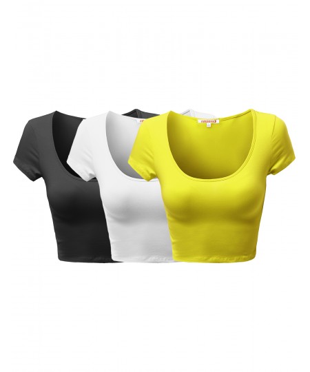 Women's Basic Solid Scoop Neck Slim Fit Cap Sleeve Crop Tops