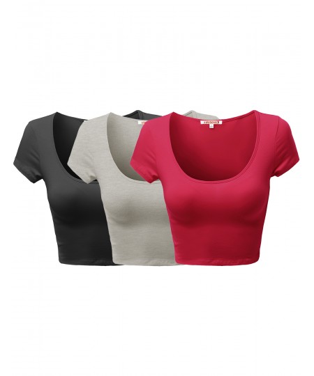 Women's Basic Solid Scoop Neck Slim Fit Cap Sleeve Crop Tops