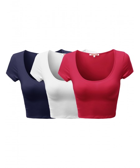 Women's Basic Solid Scoop Neck Slim Fit Cap Sleeve Crop Tops