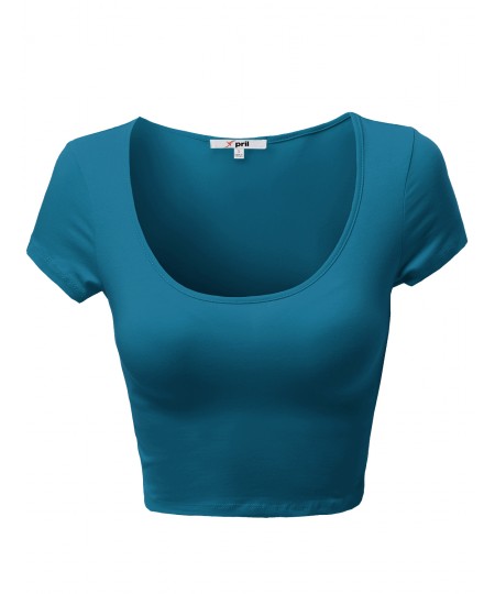 Women's Basic Solid Scoop Neck Slim Fit Cap Sleeve Crop Tops