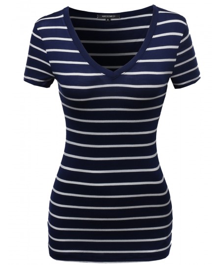 Women's Casual Thin Stripe Vneck Shirts