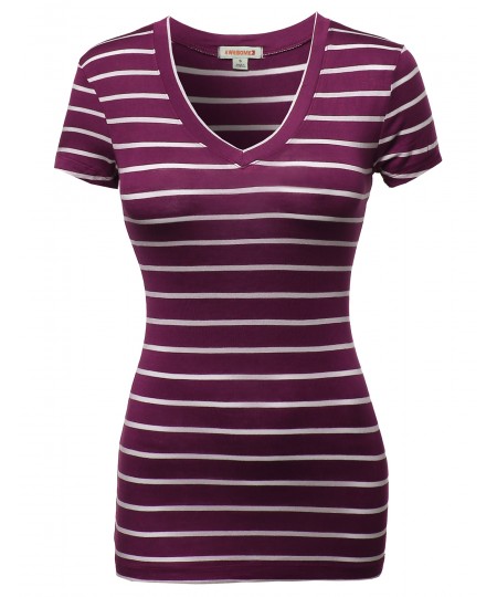 Women's Casual Thin Stripe Vneck Shirts