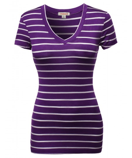 Women's Casual Thin Stripe Vneck Shirts