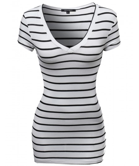 Women's Casual Thin Stripe Vneck Shirts