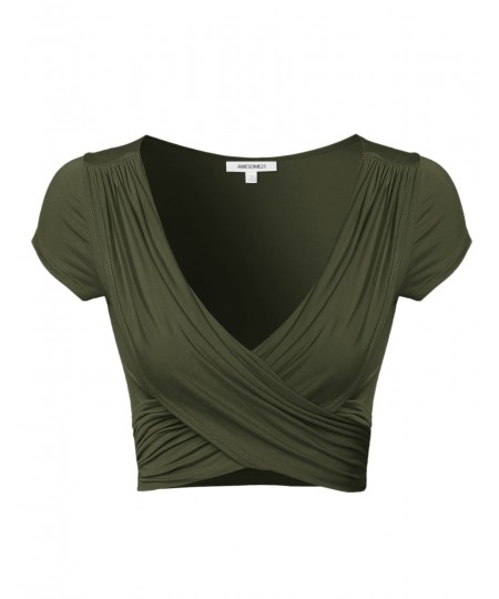 Women's Solid V-Neck Crossover Shirred Wrap Front Cap Sleeves Crop Top