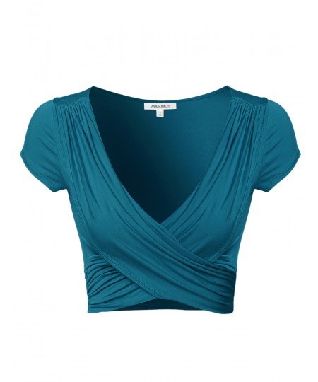 Women's Solid V-Neck Crossover Shirred Wrap Front Cap Sleeves Crop Top