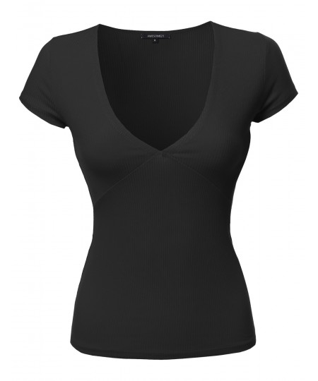 Women's Short Sleeve Ribbed V-neck Plunge Top Various Colors