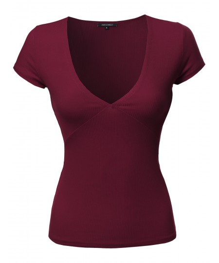 Women's Short Sleeve Ribbed V-neck Plunge Top Various Colors