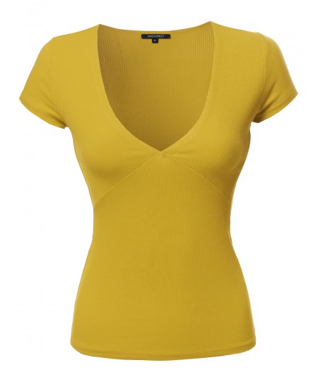 Women's Short Sleeve Ribbed V-neck Plunge Top Various Colors