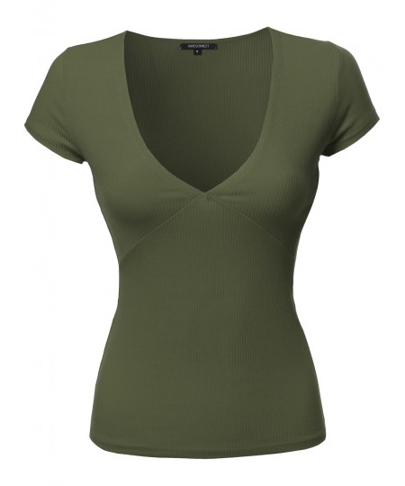 Women's Short Sleeve Ribbed V-neck Plunge Top Various Colors