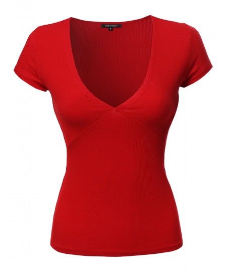 Women's Short Sleeve Ribbed V-neck Plunge Top Various Colors