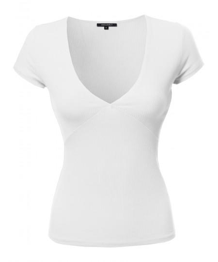 Women's Short Sleeve Ribbed V-neck Plunge Top Various Colors